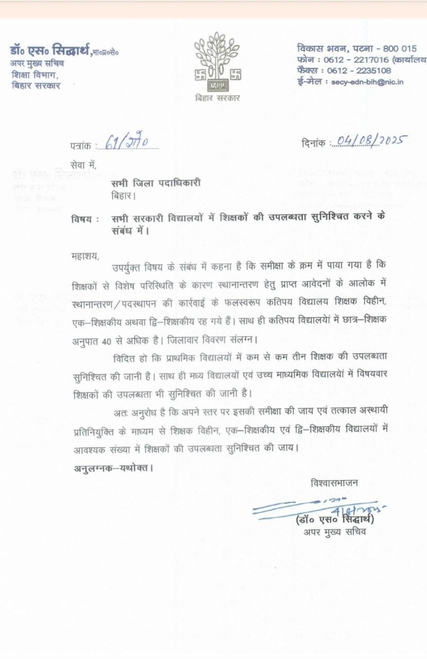 सभी सरकारी विद्यालयों में शिक्षकों की उपलब्धता सुनिश्चित करने के लिए शिक्षा विभाग का सख्त निर्देश